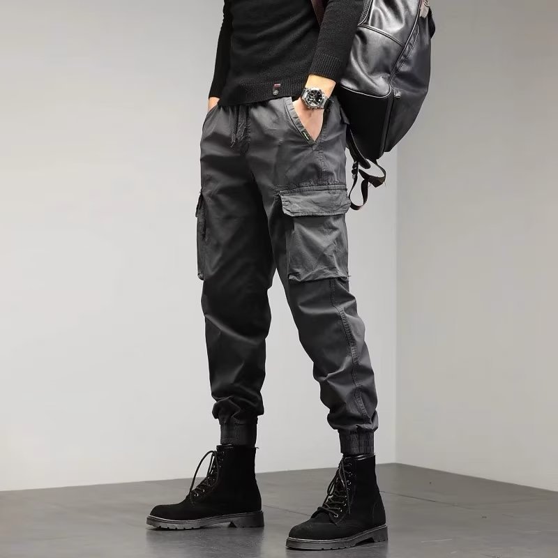 Men's Cropped Tooling Trousers - Spring & Autumn Loose-Fitting Casual Ankle-Banded Multi-Pocket Pants