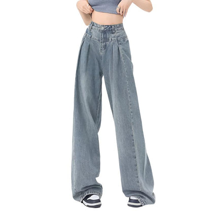 Fashionable Women's Pleated Wide Leg Jeans - Loose Fit, All-Matching Straight Design