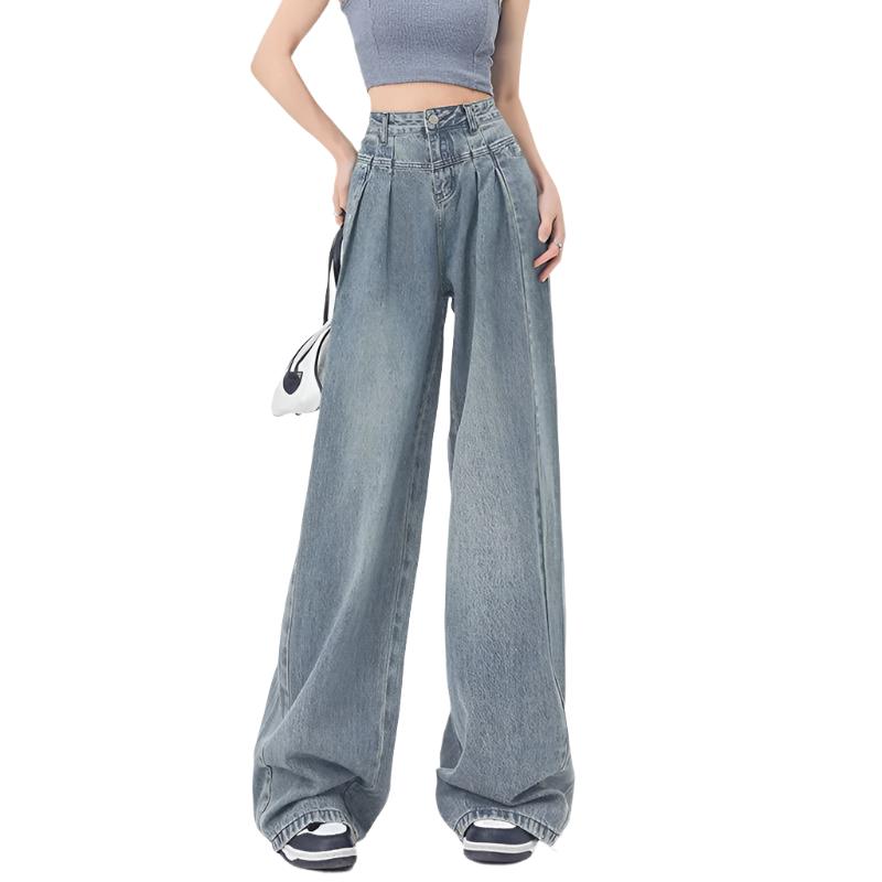 Fashionable Women's Pleated Wide Leg Jeans - Loose Fit, All-Matching Straight Design