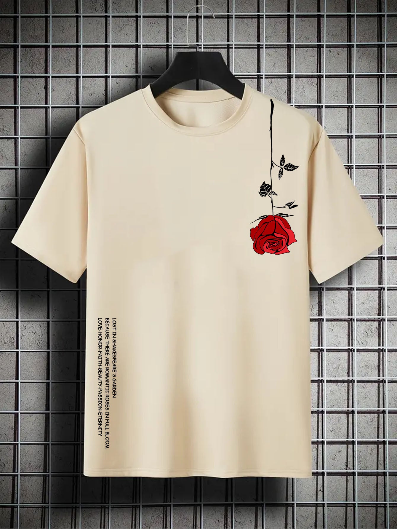 Retro Round Neck Short Sleeve T-Shirt with Inverted Rose Print | Vintage Style for Men & Women