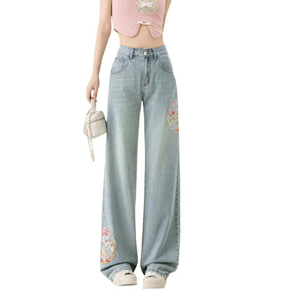 High Waist Embroidered Wide Leg Trousers - Niche Design, Straight Mopping Fit