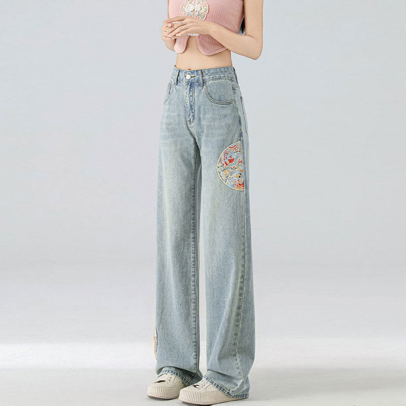 High Waist Embroidered Wide Leg Trousers - Niche Design, Straight Mopping Fit