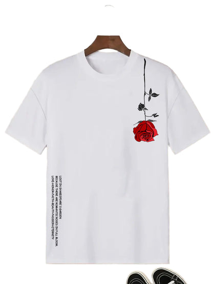 Retro Round Neck Short Sleeve T-Shirt with Inverted Rose Print | Vintage Style for Men & Women