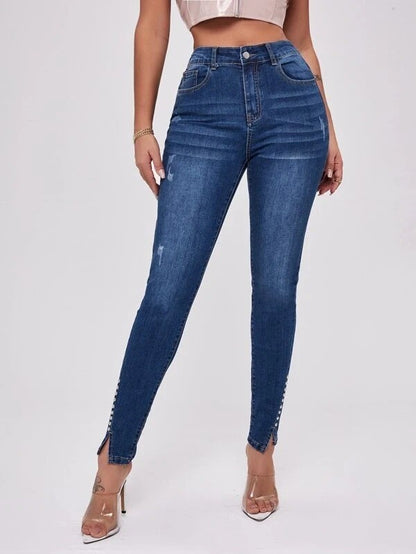 Slim Fit Patchwork High Waist Stretch Jeans - Trendy & Comfortable Denim