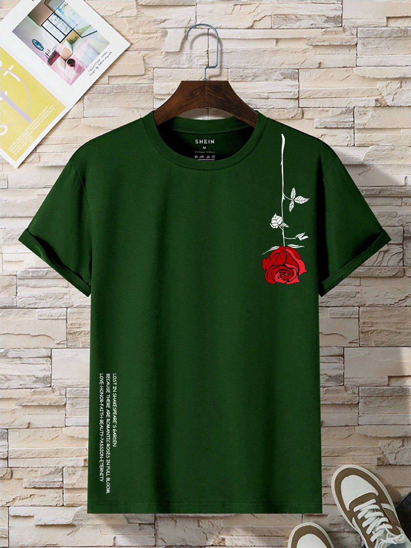 Retro Round Neck Short Sleeve T-Shirt with Inverted Rose Print | Vintage Style for Men & Women