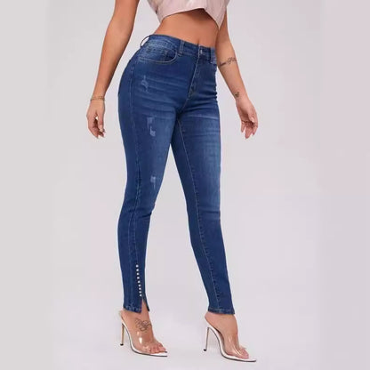 Slim Fit Patchwork High Waist Stretch Jeans - Trendy & Comfortable Denim