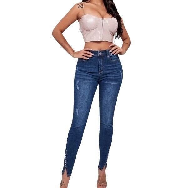 Slim Fit Patchwork High Waist Stretch Jeans - Trendy & Comfortable Denim